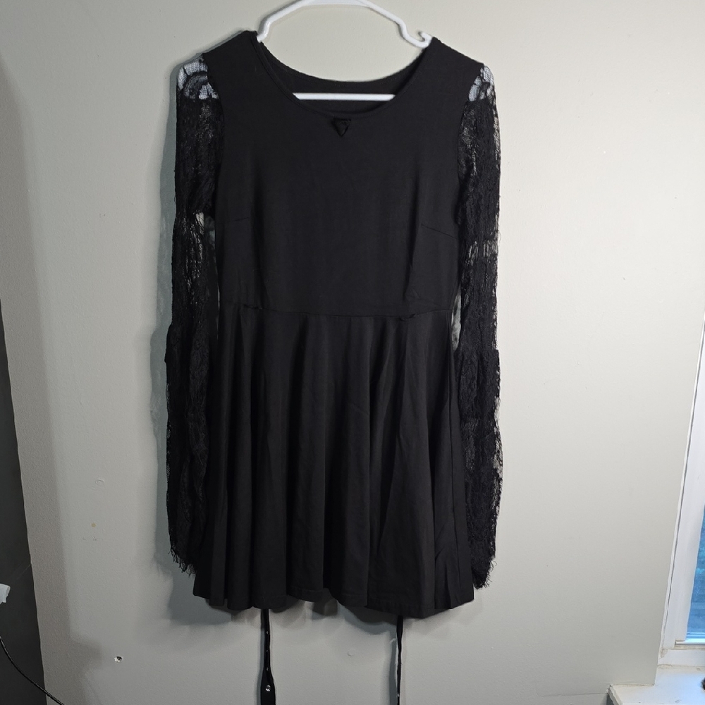 Punk Rave Lace Sleeve Dress With Built In Suspender Details.